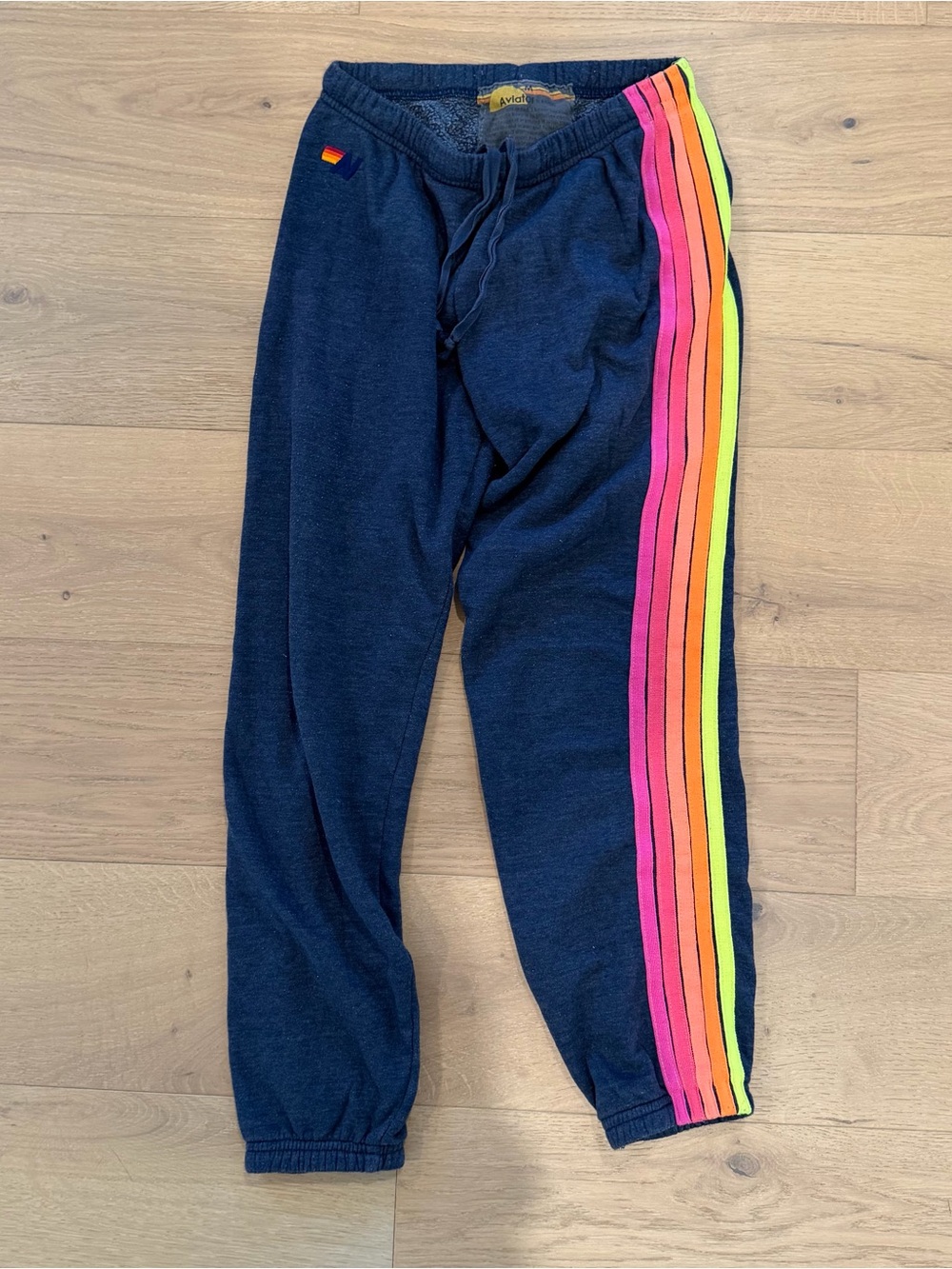 Aviator Nation Navy Sweatpants with Neon Rainbow Stripe